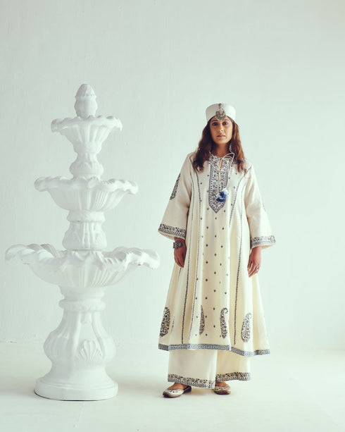 Boteh ivory phiran anarkali with flare pants and dupatta