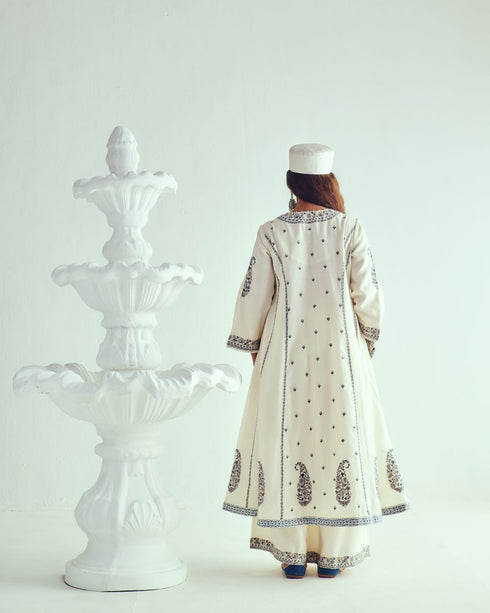 Boteh ivory phiran anarkali with flare pants and dupatta