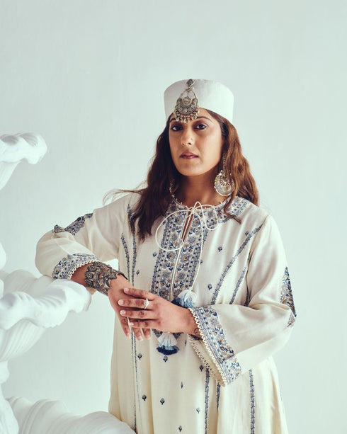Boteh ivory phiran anarkali with flare pants and dupatta