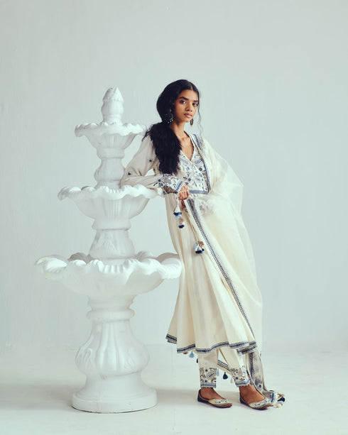 Boteh jegheh ivory angrakha anarkali with box pleat salwar and dupatta