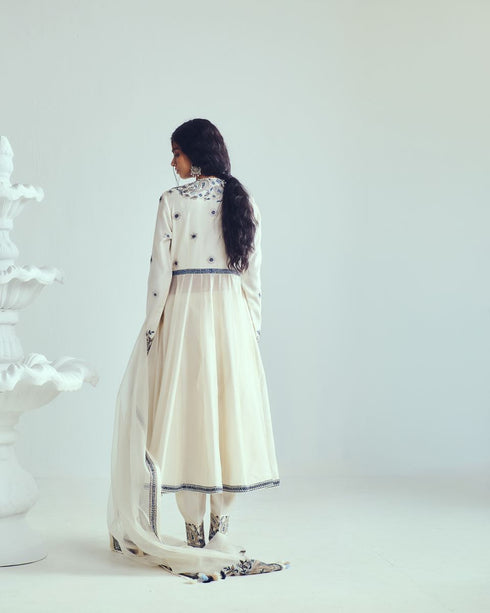 Boteh jegheh ivory angrakha anarkali with box pleat salwar and dupatta