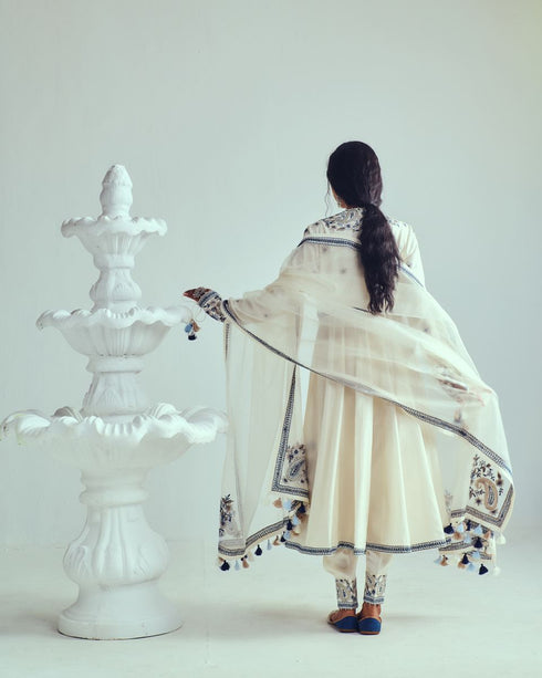 Boteh jegheh ivory angrakha anarkali with box pleat salwar and dupatta