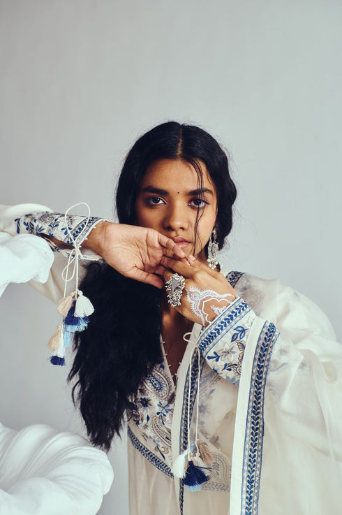 Boteh jegheh ivory angrakha anarkali with box pleat salwar and dupatta