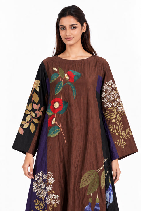 Brown floral embroidered dress