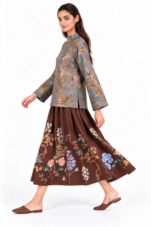 Brown floral embroidered skirt