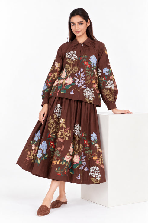 Brown floral embroidered skirt
