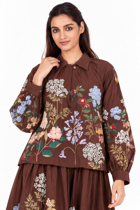 Brown floral embroidered top