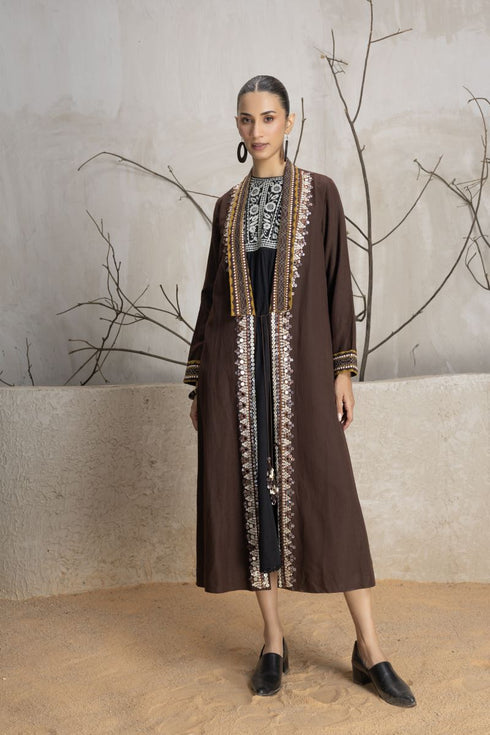 Brown linen printed and embroidered jacket