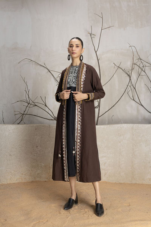 Brown linen printed and embroidered jacket