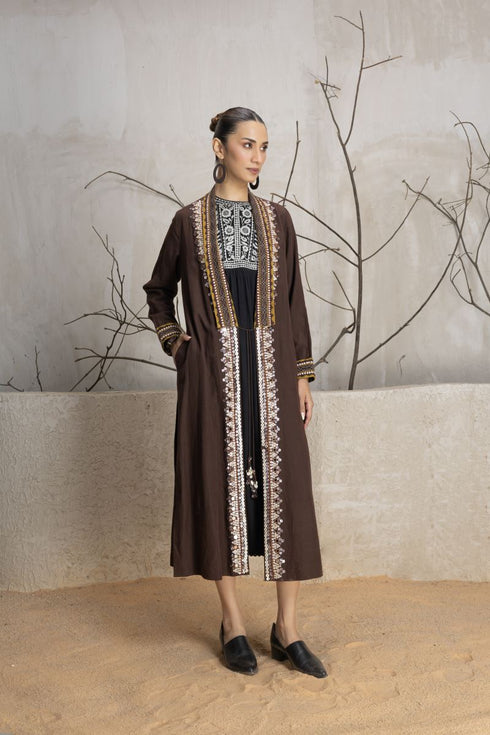 Brown linen printed and embroidered jacket