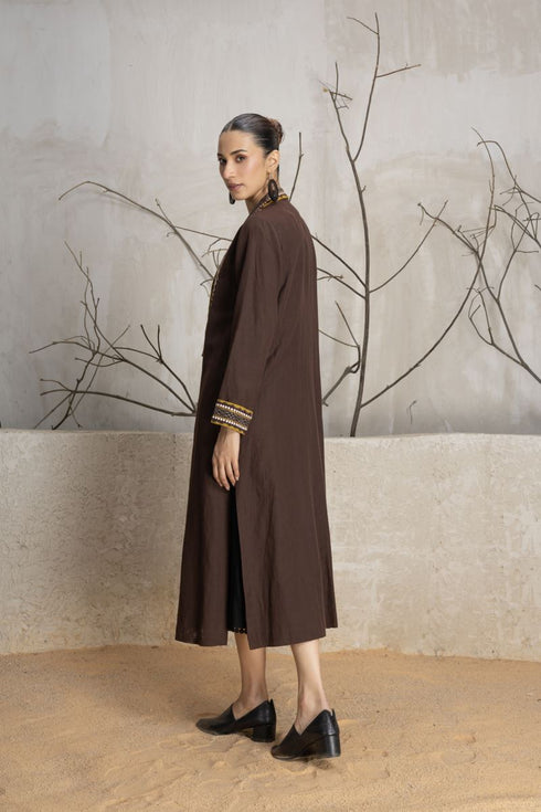 Brown linen printed and embroidered jacket