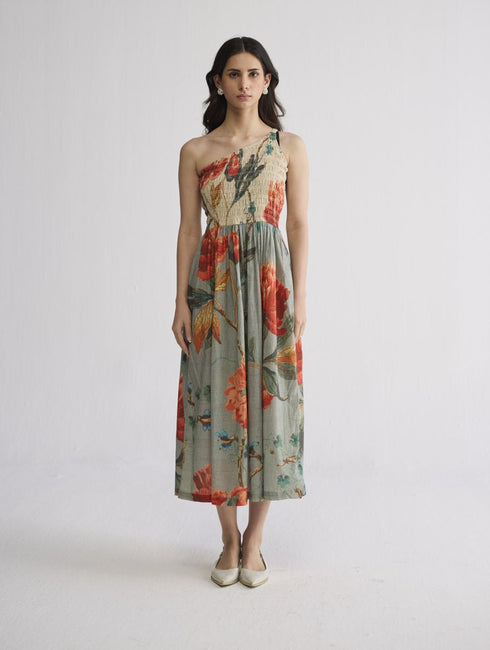 Cabbage rose smocked one shoulder dress