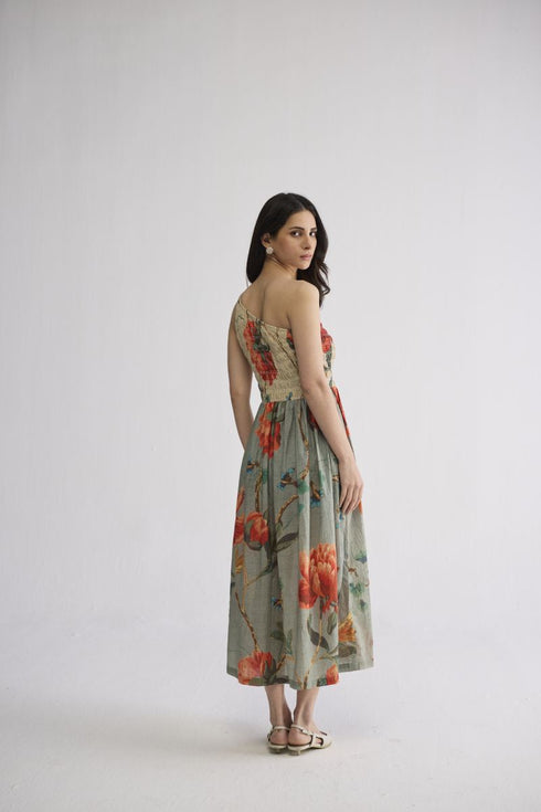 Cabbage rose smocked one shoulder dress