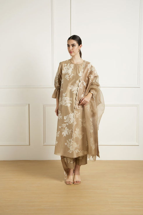 Celeste beige discharge print tunic set