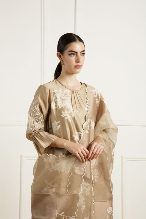 Celeste beige discharge print tunic set