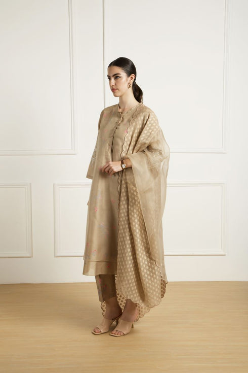 Celeste beige double layer dori embroidered tunic set