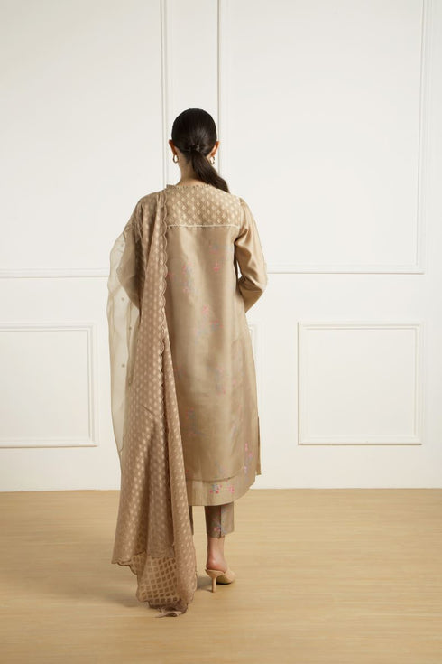 Celeste beige double layer dori embroidered tunic set