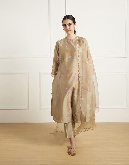 Celeste beige front pleated tunic set