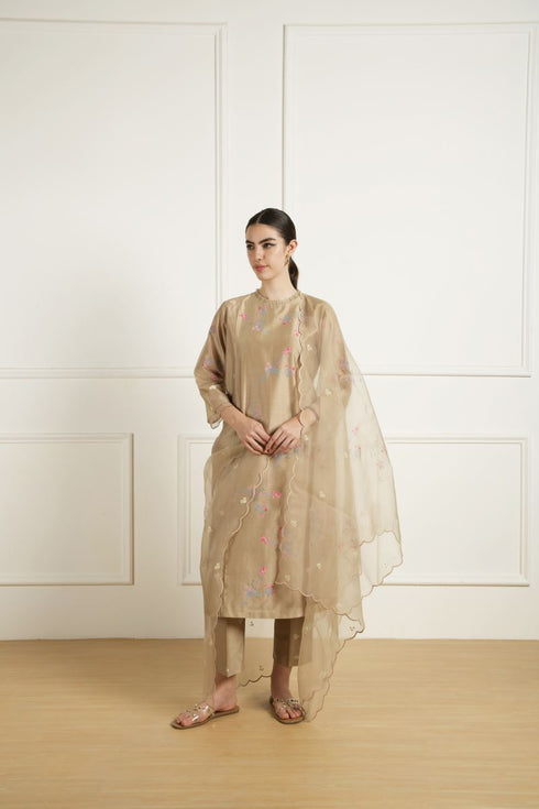 Celeste beige front pleated tunic set