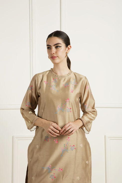 Celeste beige front pleated tunic set