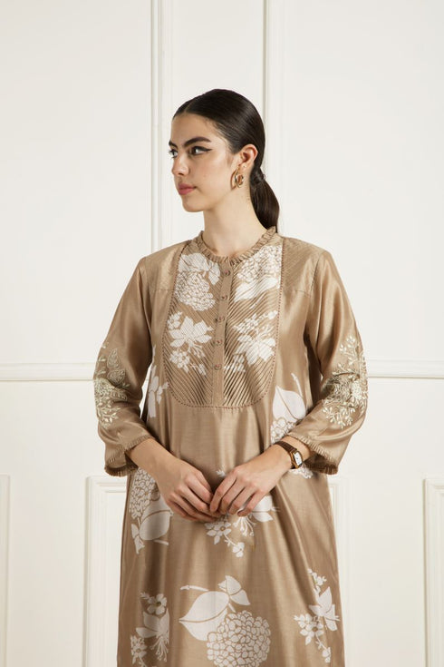 Celeste beige pleated yoke tunic set