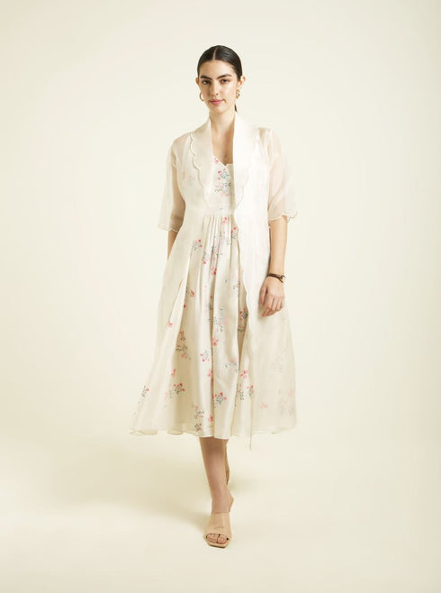 Celeste ivory scalloped jacket with strap dress