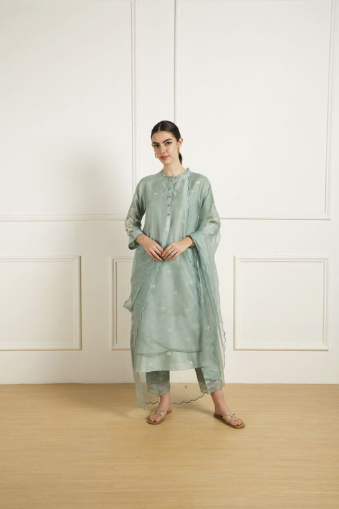 Celeste mint double layer dori embroidered tunic set