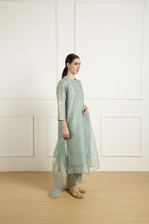 Celeste mint double layer dori embroidered tunic set