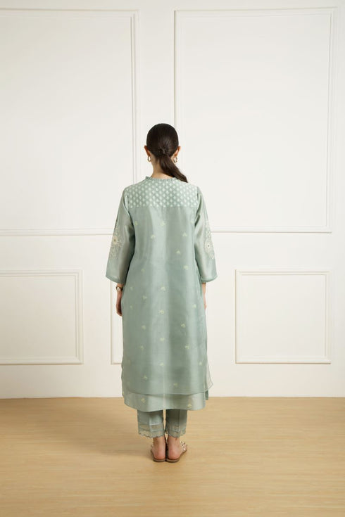 Celeste mint double layer dori embroidered tunic set