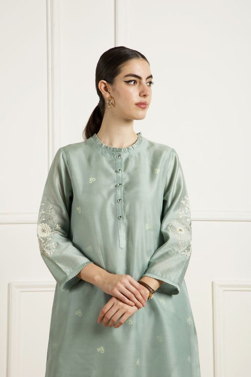 Celeste mint double layer dori embroidered tunic set