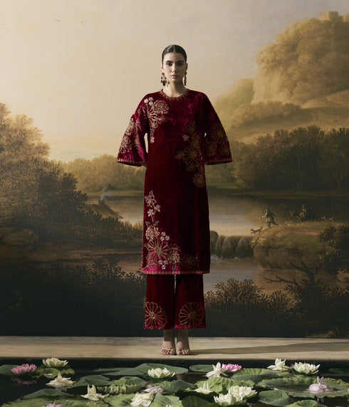Cherry red metallic floral embellished kurta with pants