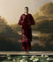 Cherry red metallic floral embellished kurta with pants