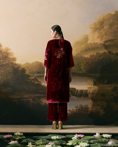 Cherry red metallic floral embellished kurta with pants
