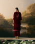Cherry red metallic floral embellished kurta with pants