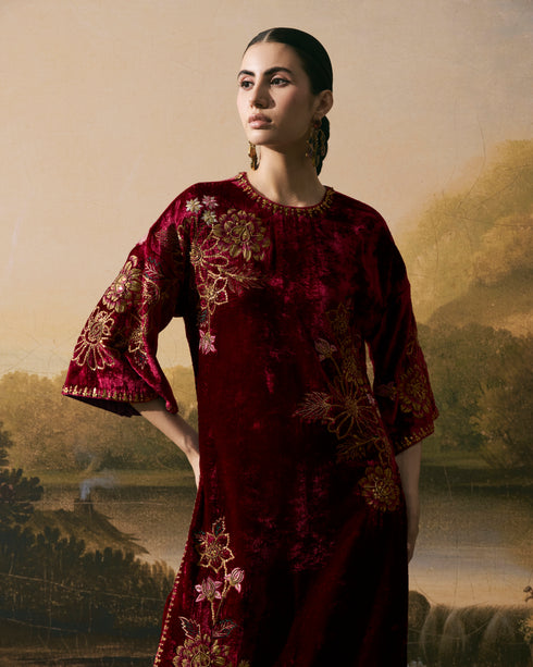 Cherry red metallic floral embellished kurta with pants
