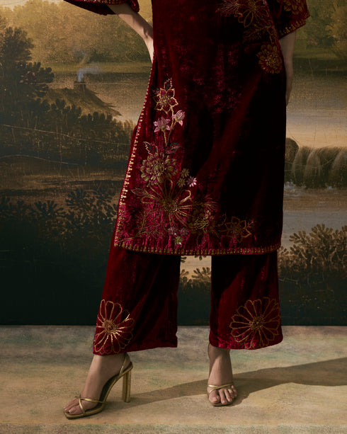 Cherry red metallic floral embellished kurta with pants
