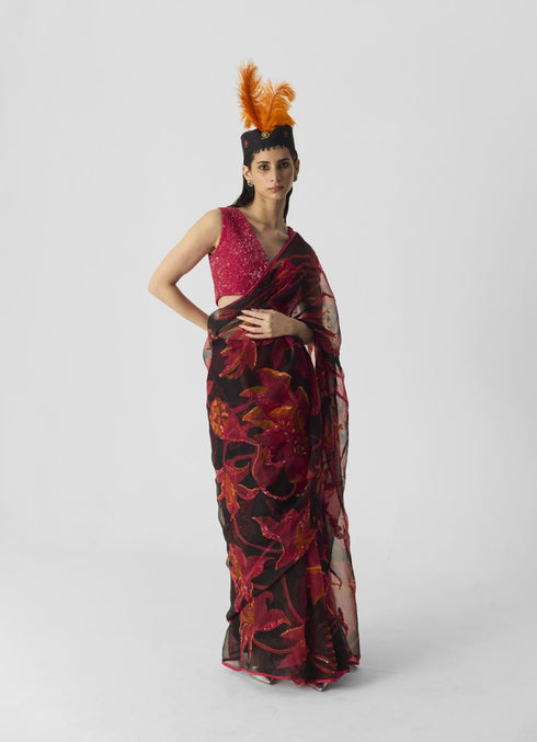 Chin chin lian black and pink embroidered sari