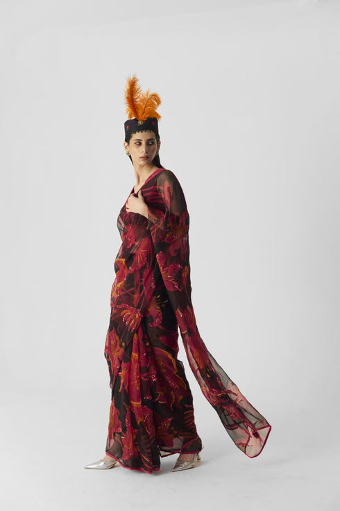 Chin chin lian black and pink embroidered sari