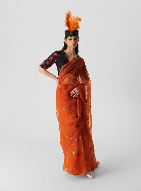 Chin chin orange embroidered sari