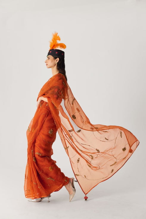 Chin chin orange embroidered sari