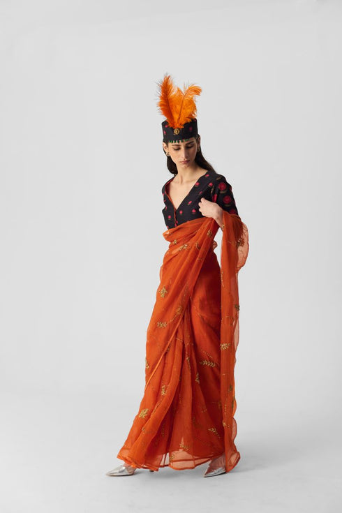 Chin chin orange embroidered sari