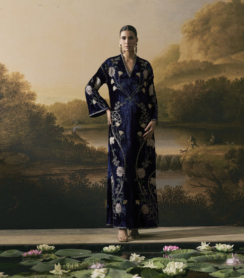 Cobalt blue metallic floral embellished dress kurta with tie-up belt