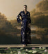 Cobalt blue metallic floral embellished dress kurta with tie-up belt