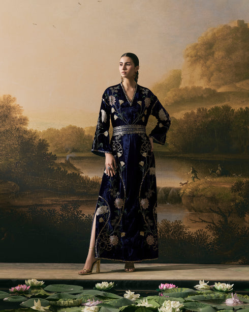 Cobalt blue metallic floral embellished dress kurta with tie-up belt