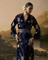 Cobalt blue metallic floral embellished dress kurta with tie-up belt