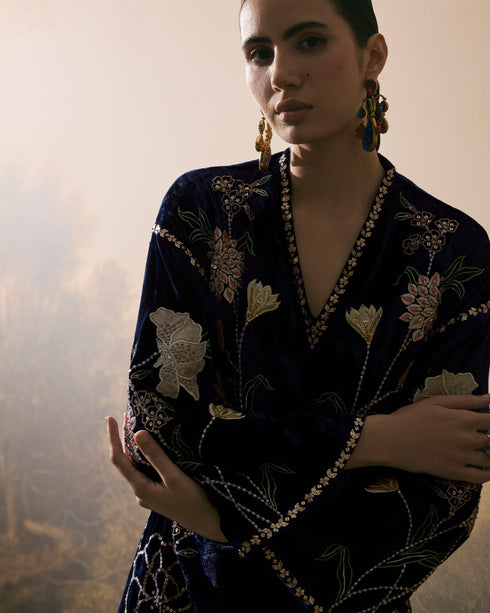 Cobalt blue metallic floral embellished dress kurta with tie-up belt