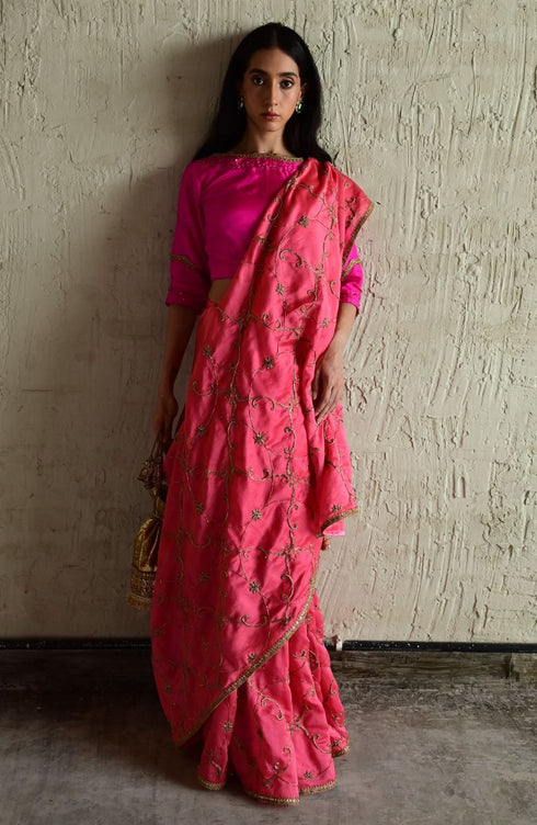 Coral pink chanderi sari