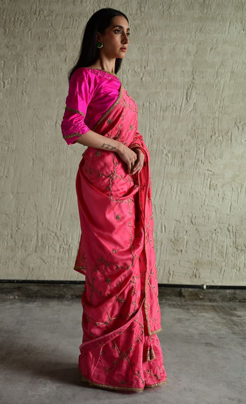 Coral pink chanderi sari