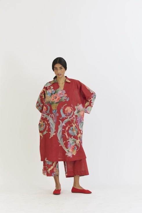Cranberry red cotton kaftan set