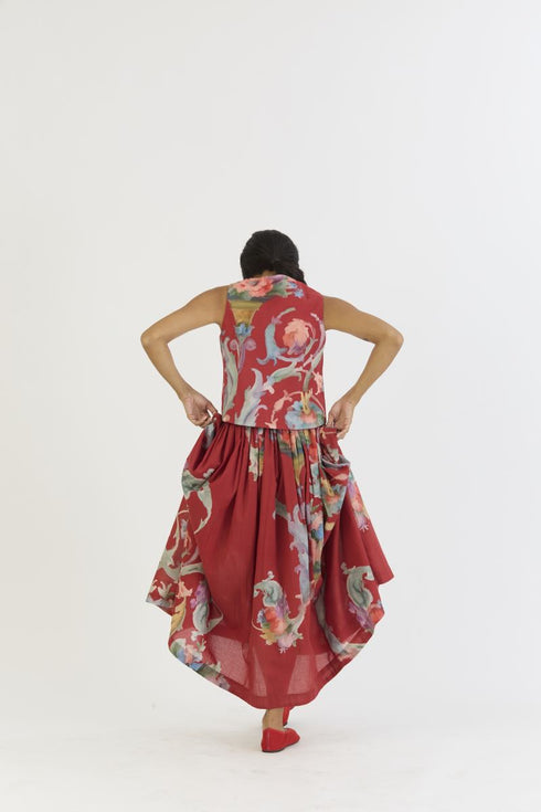 Cranberry red waistcoat and skirt set